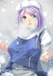  1girl aqua_eyes breasts hat highres juliet_sleeves kanzen_bouon large_breasts letty_whiterock long_sleeves looking_at_viewer open_mouth puffy_sleeves purple_hair scarf shirt solo touhou triangular_headpiece upper_body vest visible_air 