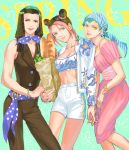  3girls avicy bag bandana black_hair bracelet braid bread breasts brown_eyes carrying_bag cleavage double_bun dress earrings foo_fighters food green_hair groceries grocery_bag hairlocs hermes_costello jewelry jojo_no_kimyou_na_bouken kuujou_jolyne multicolored_hair multiple_girls pink_dress pink_hair polka_dot shopping_bag short_hair shorts two-tone_hair wrist_cuffs zipper 