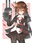  black_legwear blazer brown_eyes brown_hair cannon highres kantai_collection long_sleeves looking_to_the_side necktie nora_(salatto) pantyhose pleated_skirt red_necktie school_uniform serafuku short_hair signature skirt solo turret wakaba_(kantai_collection) 