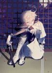  1boy armor boots cherry_blossoms cross-laced_footwear full_moon japanese_armor lace-up_boots legwear_under_shorts looking_at_viewer male_focus messy_hair monoyoshi_sadamune moon pantyhose qiqu shorts sitting sketch solo sword touken_ranbu uniform weapon white_hair 