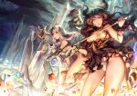  3girls bare_shoulders black_hair breasts caesty cleavage commentary_request crystal dress fantasy gem horns lips long_hair looking_at_viewer multiple_girls nose original pinky_out polearm short_hair silver_hair spear staff strapless_dress thighs weapon 