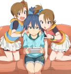  3girls black_hair blue_eyes brown_eyes brown_hair controller earrings fang futami_ami futami_mami game_console ganaha_hibiki girl_sandwich handheld_game_console hibiglasses idolmaster jewelry long_hair multiple_girls playing_games ponytail sandwiched siblings side_ponytail twins violet_eyes wii_u 