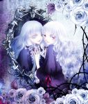  1girl curly_hair flower happy long_eyelashes long_hair mirror red_eyes rinko_(mg54) rose silver_hair smile solo thorns white_rose 