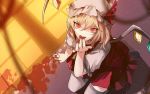 1girl blonde_hair blood crystal eredhen fang flandre_scarlet hat hat_ribbon kneeling light_particles looking_at_viewer mob_cap nail_polish open_mouth puffy_sleeves red_eyes ribbon shirt short_sleeves side_ponytail skirt skirt_set smile solo thigh-highs touhou vest wings zettai_ryouiki 