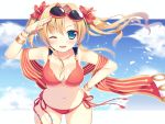  1girl bikini blonde_hair blue_eyes blush bracelet breasts cleavage earrings flower granblue_fantasy hair_flower hair_ornament jewelry large_breasts long_hair navel one_eye_closed red_bikini sakura_yuzuna side-tie_bikini sky smile solo sunglasses sunglasses_on_head swimsuit twintails zeta_(granblue_fantasy) 