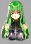  1girl blush breasts c.c. code_geass creayus green_hair grey_background long_hair looking_at_viewer simple_background solo twitter_username 