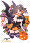  &gt;:d 1girl :d bat_wings blush colored_stripes drill_hair ghost halloween happy_halloween horn idolmaster idolmaster_cinderella_girls jack-o&#039;-lantern kanzaki_ranko long_hair looking_at_viewer night night_sky open_mouth outstretched_arms pumpkin red_eyes silver_hair sky smile solo tsukigami_runa twin_drills twintails underbust wings 