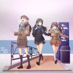  3girls breath brown_eyes brown_hair coat eyebrows green_eyes highres holding_hands idolmaster idolmaster_cinderella_girls kamiya_nao long_hair multiple_girls open_mouth red_eyes scarf shao_(newton) shibuya_rin shimamura_uzuki side_ponytail skirt winter_clothes winter_coat 