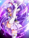  1girl absurdres boots brooch cure_fortune earrings hair_ornament hair_ribbon happinesscharge_precure! heart_hair_ornament highres hikawa_iona jewelry kicking long_hair magical_girl open_mouth precure purple purple_background purple_hair purple_skirt ribbon serious sharumon shiny shiny_skin skirt solo sparkle star star_earrings thigh-highs thigh_boots violet_eyes white_boots 