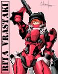  1girl adriano_lima all_you_need_is_kill arm_behind_back arm_up huge_weapon orange_hair over_shoulder power_armor power_suit red_eyes rita_vrataski solo typo visor weapon weapon_over_shoulder 