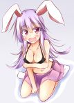  1girl absurdres animal_ears black_bra blush bra breasts cleavage covering covering_breasts highres kuzumomo large_breasts miniskirt open_mouth purple_hair rabbit_ears red_eyes reisen_udongein_inaba sitting skirt solo tears touhou underwear wariza 