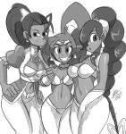  3girls antenna_hair arabian_clothes baggy_pants bigdead93 braid breasts choker cleavage crossover dark_skin earrings forehead_jewel greyscale grin hair_over_one_eye hands_on_hips harem_pants height_difference highres jewelry long_hair midriff monochrome multiple_crossover multiple_girls navel pants pointy_ears ponytail power_stone pullum_purna rouge_(power_stone) shantae shantae_(character) single_braid smile street_fighter street_fighter_ex tiara trait_connection vambraces very_dark_skin very_long_hair vest 
