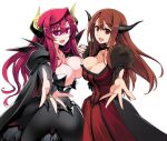  2girls breast_press breasts bridal_gauntlets brown_hair cape choker cleavage commentary_request covered_navel demon_horns dual_persona female holding_hands horns interlocked_fingers ishida_akira large_breasts long_hair looking_at_viewer maou_(maoyuu) maoyuu_maou_yuusha multiple_girls multiple_persona open_mouth pink_eyes reaching_out red_eyes redhead shoulder_pads smile symmetrical_docking 
