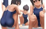  4girls ass back bare_shoulders barefoot black_hair blush brown_eyes closed_eyes competition_school_swimsuit covered_navel eto from_behind hand_on_hip highres long_hair looking_back multiple_girls one-piece_swimsuit original ponytail school_swimsuit short_hair sitting smile squatting swimsuit wet 