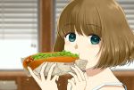  1girl blue_eyes brown_hair close-up eating face food hot_dog looking_at_viewer newspaper original portrait reito6 short_hair solo window 