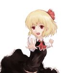  1girl ascot black_dress blonde_hair dress dyolf hair_ribbon long_sleeves looking_at_viewer open_mouth outstretched_arms red_eyes ribbon rumia shirt smile solo touhou 