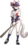  1girl absurdres artist_name baseball_bat baseball_cap baseball_uniform belt breasts cleats commission fang full_body furry furry_female grey_hair hair_over_one_eye hat highres holding holding_baseball_bat kneehighs medium_breasts original pants pgm300 simple_background slit_pupils solo sportswear standing watermark white_background 