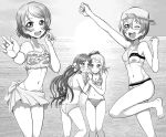  4girls arm_grab arm_up ass ayase_eli backwards_hat baseball_cap beach bikini bow clothes_writing commentary frilled_bikini frills hair_bow hat hoshizora_rin koizumi_hanayo leg_up long_hair looking_at_another looking_at_viewer love_live!_school_idol_project mitsurou monochrome multiple_girls one_eye_closed open_mouth ponytail sarong short_hair smile standing striped striped_bikini striped_swimsuit sunset swimsuit thigh_gap toujou_nozomi 