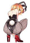  1girl animal_ears ass back bare_shoulders blonde_hair bunny_tail bunnysuit fishnet_pantyhose fishnets high_heels looking_at_viewer looking_back pantyhose rabbit_ears red_eyes red_shoes rumia shoes short_hair simple_background solo squatting tail touhou v yunuki_uta zipper 