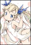  1girl apron apron_lift arched_back ass bangs bare_shoulders black_border blonde_hair blue_eyes blush border from_behind granblue_fantasy hair_ornament ham_(points) io_(granblue_fantasy) leaning_forward long_hair looking_away looking_back looking_to_the_side naked_apron smile solo twintails twisted_torso 