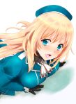  1girl atago_(kantai_collection) beret black_gloves blonde_hair blue_eyes blush breast_press breasts gloves hat heart heart-shaped_pupils highres kantai_collection large_breasts lips long_hair looking_at_viewer looking_to_the_side military military_uniform open_mouth smile solo symbol-shaped_pupils uniform upper_body weavehabit 