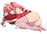  ! 1girl ahoge akairiot aqua_eyes ass bare_shoulders blush breasts drill_hair fakku hair_ornament highres long_hair mascot momoka_(fakku) no_bra off-shoulder_shirt panties pillow pillow_hug pink_hair pink_legwear pink_panties ringed_eyes shirt solo striped striped_legwear striped_panties thigh-highs transparent_background twin_drills underwear 