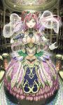  1girl braid breasts cleavage dome dress elbow_gloves flower gloves green_eyes gyakushuu_no_fantasica hair_flower hair_ornament highres large_breasts looking_at_viewer nakabayashi_reimei navel open_mouth pink_hair pointy_ears rose solo tiara twin_braids white_gloves 