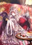  1girl bat_wings cake cherry curtains drink flower food fruit gift hair_flower hair_ornament heart high_heels highres himemurasaki knees_together parted_lips pillow red_eyes remilia_scarlet rose solo strawberry table tea touhou vampire veil white_hair wide_sleeves wings 