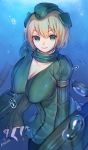  1girl blonde_hair breasts highres kantai_collection large_breasts looking_at_viewer mukka short_hair smile solo u-511_(kantai_collection) underwater 