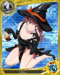  1girl black_gloves breasts brown_eyes brown_hair card_(medium) character_name cleavage elbow_gloves gloves halloween_costume hat high_school_dxd knight_(chess) looking_at_viewer meguri_tomoe solo witch_hat 