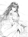  1girl bangs coat cowboy_shot dragon_ball graphite_(medium) hands_in_pockets hatching_(texture) inuno_pesu long_hair mai_(dragon_ball) monochrome mushroom solo traditional_media 