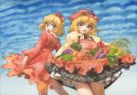  2girls aki_minoriko aki_shizuha apple apron blonde_hair blue_sky calligraphy_brush_(medium) clouds corn dress food fruit grapes graphite_(medium) hair_ornament hat juliet_sleeves leaf_hair_ornament long_sleeves looking_at_viewer looking_back mandarin_orange misawa_hiroshi mob_cap multiple_girls persimmon puffy_sleeves red_dress red_eyes siblings sisters skirt_basket sky smile sweet_potato touhou traditional_media watercolor_(medium) yellow_eyes 