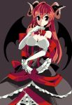  1girl aioi_aoi alternate_costume bat_wings breasts cleavage dress frills horns koakuma long_hair red_eyes redhead smile solo touhou wings 
