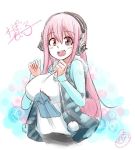  1girl blush breasts headphones large_breasts long_hair looking_at_viewer murmur_ibuna nitroplus open_mouth pink_eyes pink_hair pom_pom_(clothes) smile solo super_sonico upper_body 