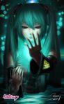  1girl aqua_eyes aqua_hair artist_name bad_id caustics character_name dated detached_sleeves fingernails glowing hatsune_miku highres long_fingernails looking_at_hand monkey_buonarroti parted_lips signature solo tattoo twintails vocaloid wading water 