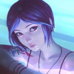  1girl bangs blue_background blue_hair chloe_price closed_mouth collarbone eyeliner face head_tilt ilya_kuvshinov jewelry life_is_strange lips looking_at_viewer makeup necklace parted_bangs partially_submerged portrait short_hair sleeveless solo strap swimming tattoo violet_eyes wet_hair wristband 