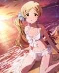  1girl alternate_hairstyle artist_request beach bikini bracelet brown_hair earrings handa_roko idolmaster idolmaster_million_live! jewelry long_hair looking_at_viewer midriff official_art side_ponytail sunset swimsuit very_long_hair white_swimsuit yellow_eyes 