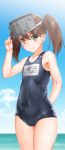  1girl adjusting_clothes adjusting_hat brown_hair byeontae_jagga flat_chest hat highres kantai_collection long_hair ryuujou_(kantai_collection) school_swimsuit solo swimsuit twintails visor_cap 