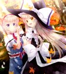  2girls akane_hazuki alice_margatroid autumn autumn_leaves black_dress blonde_hair blue_dress blue_eyes bow capelet dress gauntlets hairband hat hat_bow kirisame_marisa long_hair multiple_girls open_mouth puffy_short_sleeves puffy_sleeves sash shirt short_sleeves smile touhou very_long_hair witch_hat yellow_eyes 