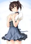  1girl apron blush breast_grab breasts brown_eyes brown_hair choker cleavage dirndl german_clothes kaga_(kantai_collection) kaminagi_(kaminagi-tei) kantai_collection large_breasts short_hair side_ponytail simple_background smile solo waist_apron 