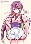  1girl akebono_(kantai_collection) apron bell character_name floral_print flower hair_bell hair_flower hair_ornament hands_on_hips japanese_clothes jingle_bell kantai_collection kimono long_hair looking_at_viewer miyuki_rei pink_background purple_hair ribbon sadakofxe short_kimono side_ponytail solo tasuki twitter_username very_long_hair violet_eyes wa_maid waist_apron yukata 