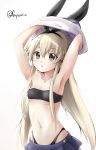  1girl :o armpits arms_up artist_name blonde_hair brown_eyes chestnut_mouth collarbone fuyu_mi hairband kantai_collection midriff navel pleated_skirt shimakaze_(kantai_collection) simple_background skirt small_breasts strapless_swimsuit swimsuit swimsuit_under_clothes undressing white_background 