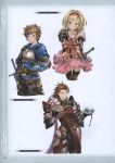  1girl 2boys absurdres armor bangs belt blonde_hair blush box brown_eyes brown_hair chainmail cookie djeeta_(granblue_fantasy) dress food frills gauntlets gift gift_box gran_(granblue_fantasy) granblue_fantasy hairband highres holding looking_at_viewer minaba_hideo multiple_boys official_art pants percival_(granblue_fantasy) pink_dress puffy_sleeves scan shoulder_armor simple_background smile sword thigh-highs weapon 