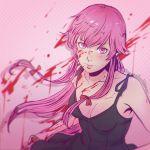  1girl bare_shoulders black_dress blood bow breasts cleavage clockwork-cadaver collarbone dress gasai_yuno hair_bow holding long_hair looking_at_viewer mirai_nikki pink_eyes pink_hair solo twintails weapon 