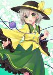  1girl :d blouse blush bow commentary_request green_eyes hat hat_bow hat_ribbon komeiji_koishi looking_at_viewer nekosugi_(hoshi) open_mouth ribbon short_hair silver_hair skirt smile solo spinning third_eye touhou wide_sleeves 