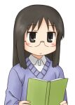  black_eyes black_hair blue_cardigan blush book cardigan closed_mouth collared_shirt glasses long_hair minakami_mai mohya nichijou reading shirt simple_background white_background white_shirt 