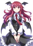  1girl bat_wings blush breasts dress_shirt e.o. expressionless head_wings highres koakuma long_hair necktie red_eyes redhead shirt simple_background skirt skirt_set solo touhou v_arms vest wings 