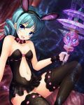  1girl :d amaya_kyou animal_ears aqua_hair bare_shoulders blue_eyes collarbone drill_hair fake_animal_ears holding looking_at_viewer navel open_mouth original rabbit_ears sitting small_breasts smile thigh-highs wrist_cuffs zettai_ryouiki 