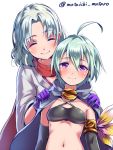  2girls ^_^ ahoge aqua_hair artist_name blush cape closed_eyes flathead_screwdriver_(ole_tower) grey_hair looking_at_viewer mataichi_matarou multiple_girls navel ole_tower purple_gloves router_plane_(ole_tower) simple_background smile twitter_username violet_eyes white_background 