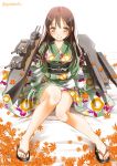  1girl bare_legs brown_hair chikuma_(kantai_collection) japanese_clothes kantai_collection kimono leaf leaf_print long_hair looking_at_viewer machinery sandals sitting smile sogabe_toshinori solo yellow_eyes 